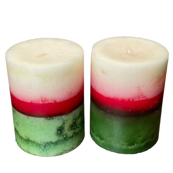Pier 1 Holiday Candles Pair Pillar Striped Green White Red Evergreen Christmas - Picture 5 of 13